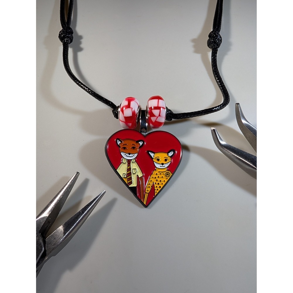 Fantastic Mr Fox Repurposed Enamel Pin Heart Necklace Adjustable Black Cord Red